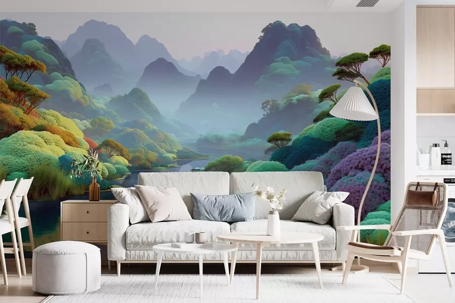 murais de parede Paisagem de montanha com um rio em tons azuis com árvores e arbustos w09088