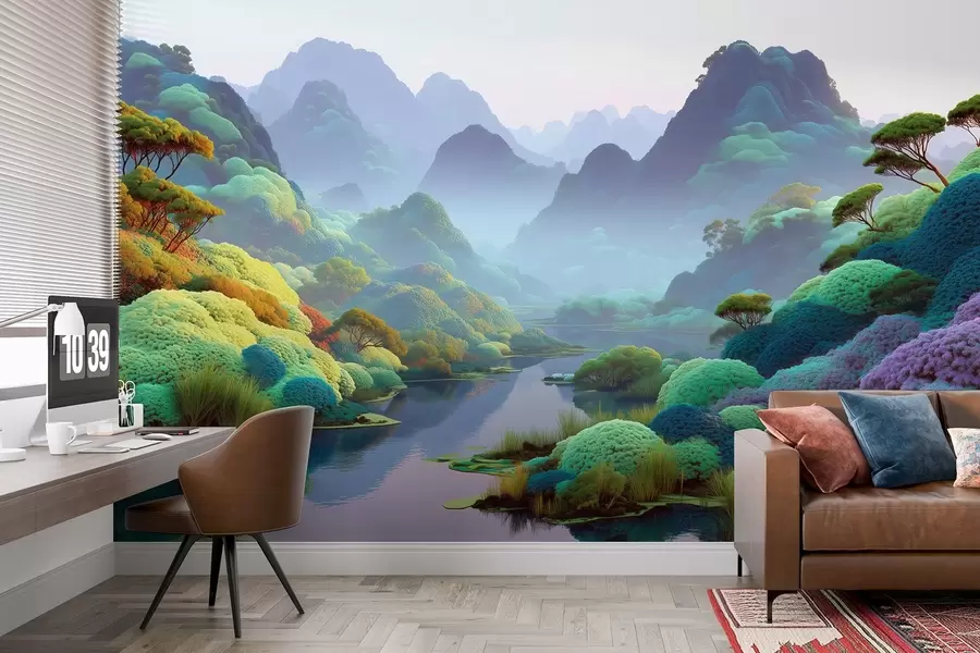 murais de parede Paisagem de montanha com um rio em tons azuis com árvores e arbustos w09088