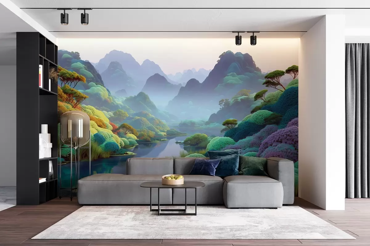 murais de parede Paisagem de montanha com um rio em tons azuis com árvores e arbustos w09088