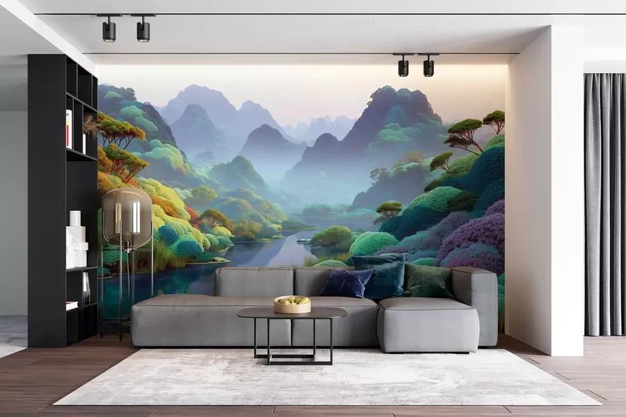 murais de parede Paisagem de montanha com um rio em tons azuis com árvores e arbustos w09088