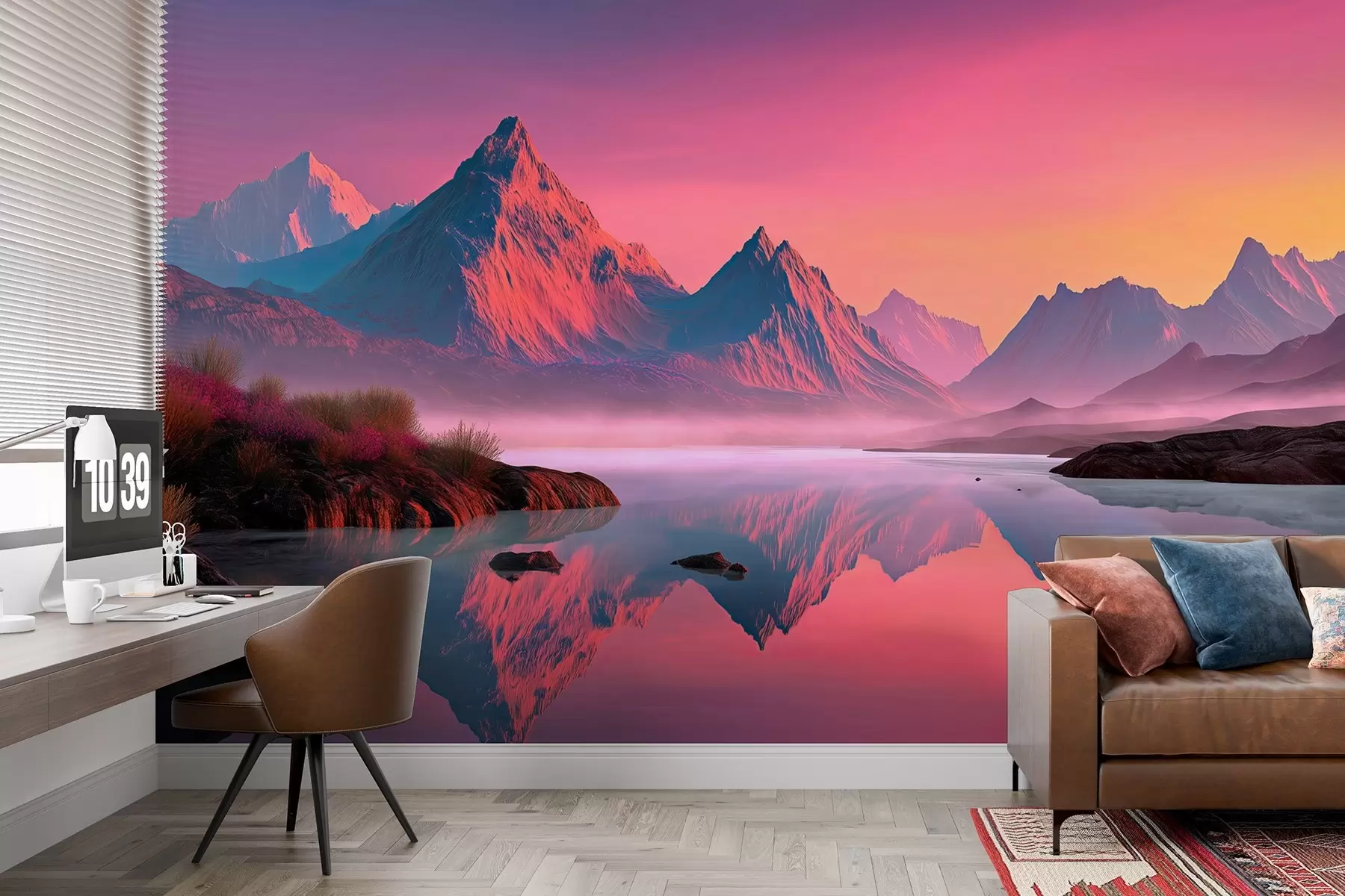 murais de parede Paisagem romântica ao pôr do sol com um rio e montanhas em tons de rosa w09093
