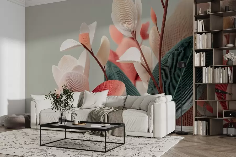 murais de parede Flores e folhas com textura em tons pastel e verdes w09094