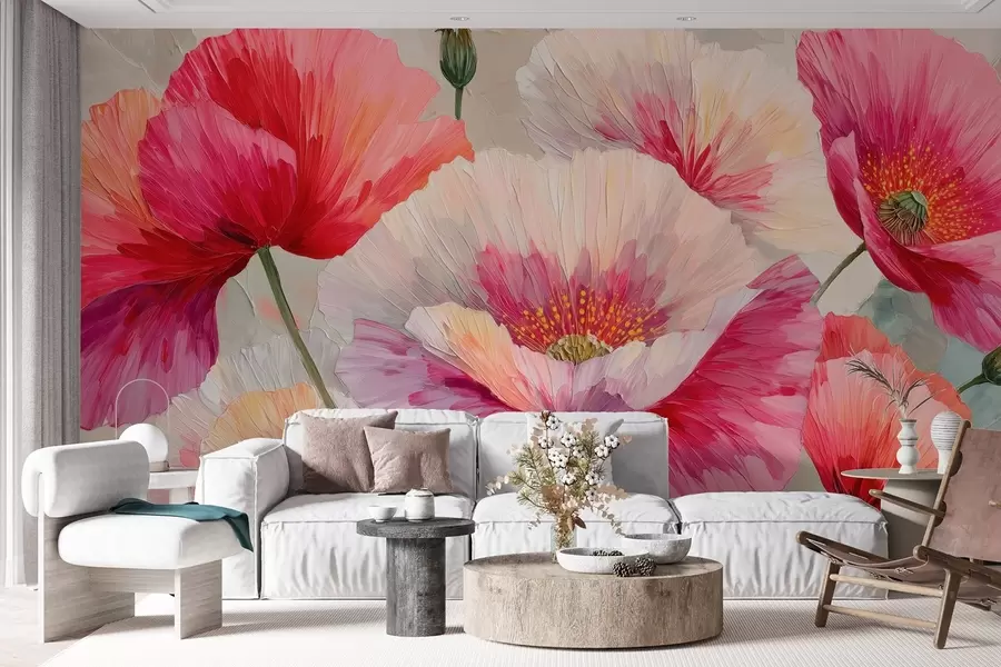 murais de parede Papoilas brancas e vermelhas em estilo de pintura a óleo com pinceladas arrojadas w09097