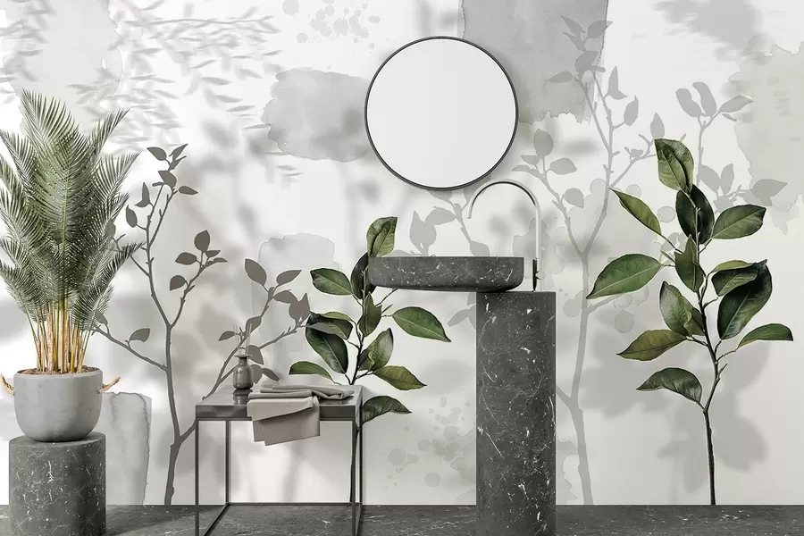 murais de parede Folhas de limoeiro, sombras de ramos de árvores, natureza, aguarela, verde w03910v1