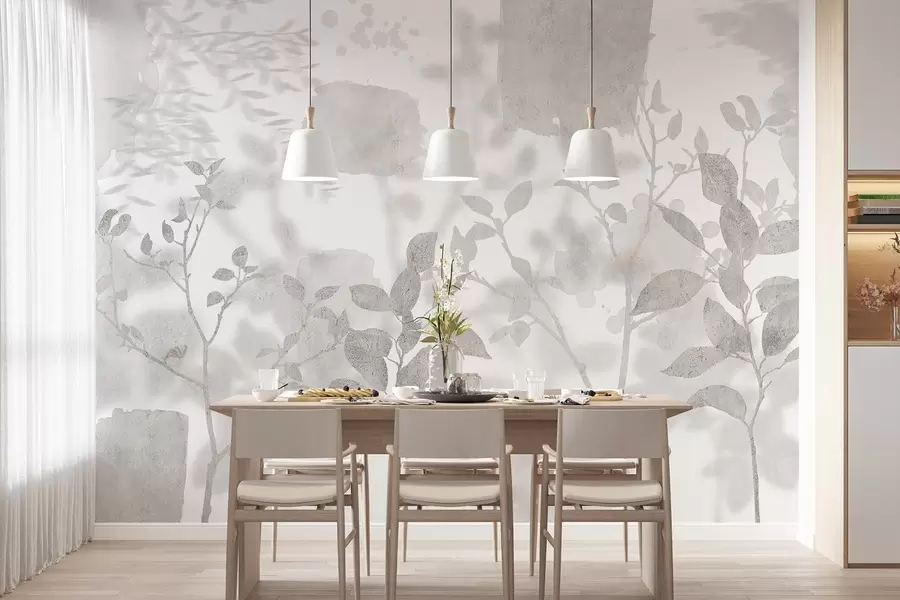 murais de parede Silhuetas de árvores, ramos, natureza, aguarela, cores cinzentas w03911