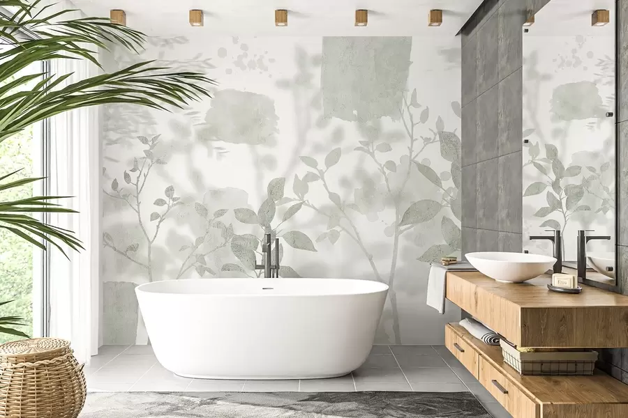 murais de parede Silhuetas de árvores, ramos, natureza, aguarela, cores verdes w03911v1