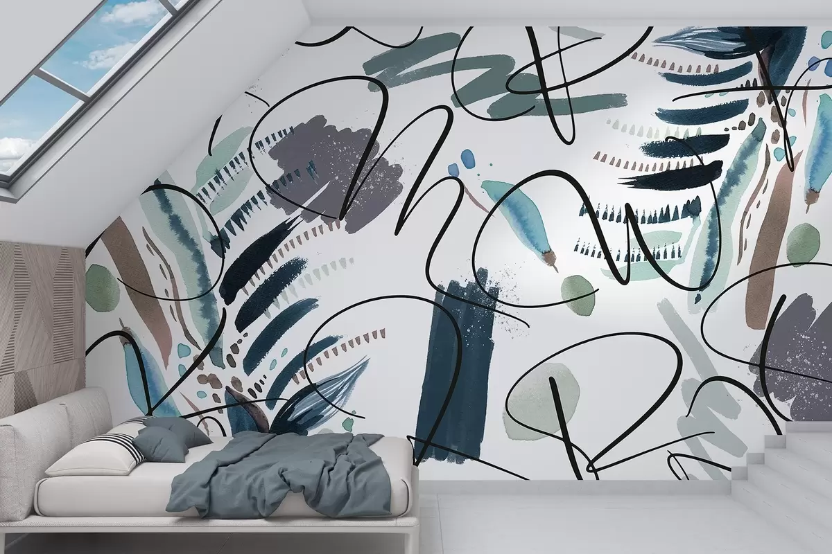 murais de parede Letras a tinta, caligrafia, pinceladas, cores azuis, abstração w03912v2