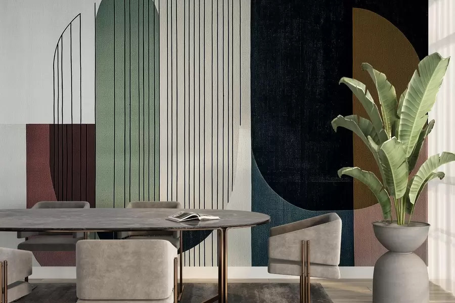 murais de parede composição geométrica abstrata moderna com formas sobrepostas e padrões de linhas verticais, linhas finas que preenchem trapézios e ovais, sobreposição de textura têxtil suave, tons quentes e suaves como o verde azeitona, o taupe, o bege e o carvão, efeitos de transparência subtis entre formas w03937