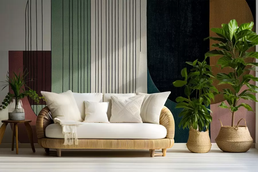 murais de parede composição geométrica abstrata moderna com formas sobrepostas e padrões de linhas verticais, linhas finas que preenchem trapézios e ovais, sobreposição de textura têxtil suave, tons quentes e suaves como o verde azeitona, o taupe, o bege e o carvão, efeitos de transparência subtis entre formas w03937v3