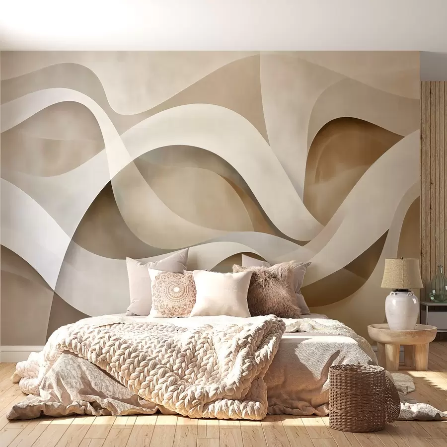 murais de parede composição minimalista abstrata de formas orgânicas em camadas, cada uma delineada com um rebordo branco suave, preenchida com traços lineares internos densos, como textura de tecido ou papel, curvas fluidas em tons neutros de bege, areia, pedra e marfim, aspeto em relevo w03940