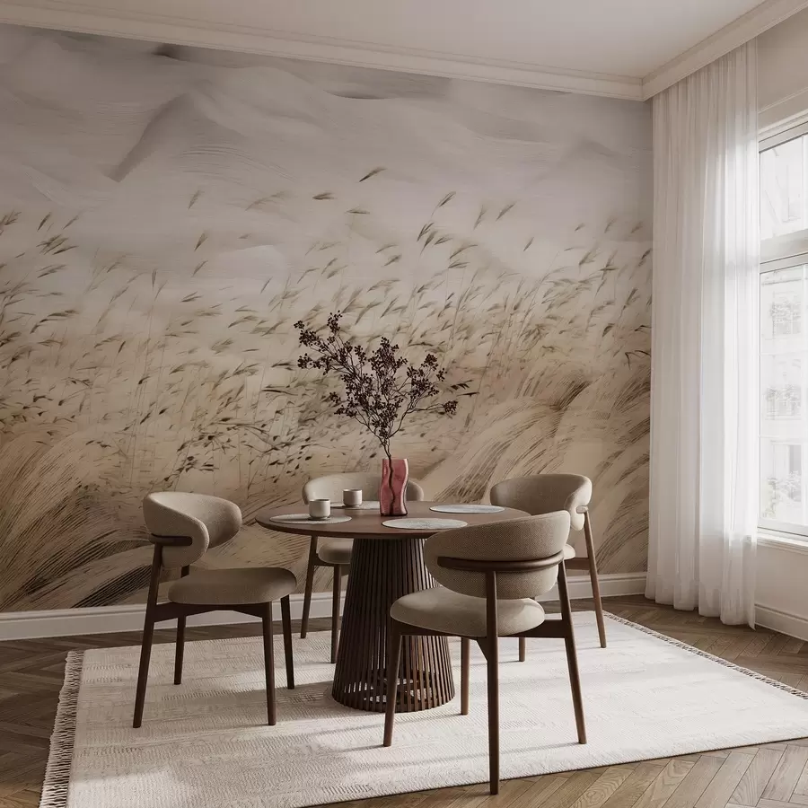 murais de parede campos de relva soprados pelo vento abstractos em tons de bege e pedra, linhas de esboço a tinta com fundo de papel texturado, campo nórdico calmo w03941