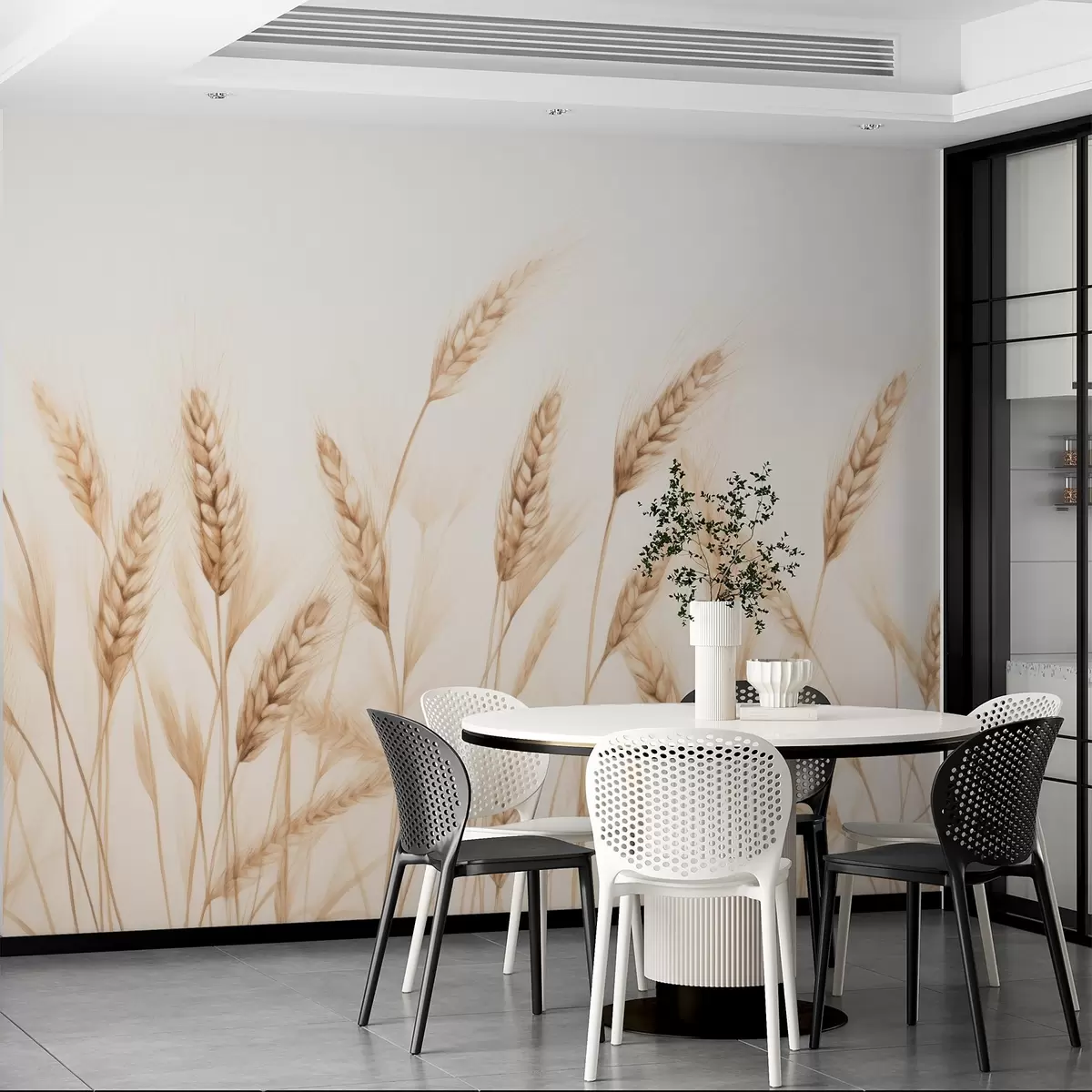 murais de parede ilustração botânica delicada de caules de trigo, estilo desenhado à mão, linhas finas com textura de giz pastel, tons suaves de sépia e castanho-terra, fundo branco, composição simétrica e elegante, estética de esboço natural w03943