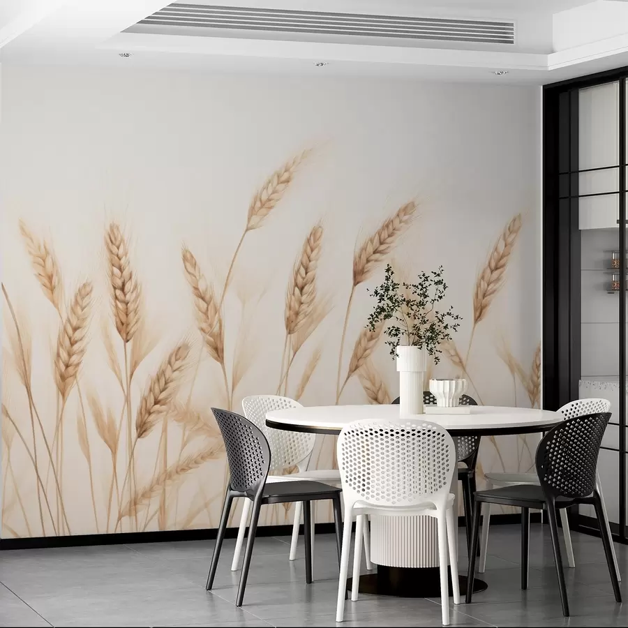 murais de parede ilustração botânica delicada de caules de trigo, estilo desenhado à mão, linhas finas com textura de giz pastel, tons suaves de sépia e castanho-terra, fundo branco, composição simétrica e elegante, estética de esboço natural w03943