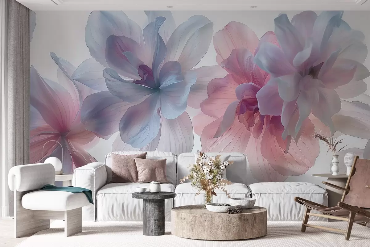 murais de parede flores em tons pastel hiper-realistas que flutuam no espaço branco, pétalas delicadas, iluminação etérea, trabalhos artísticos botânicos pormenorizados, w03946