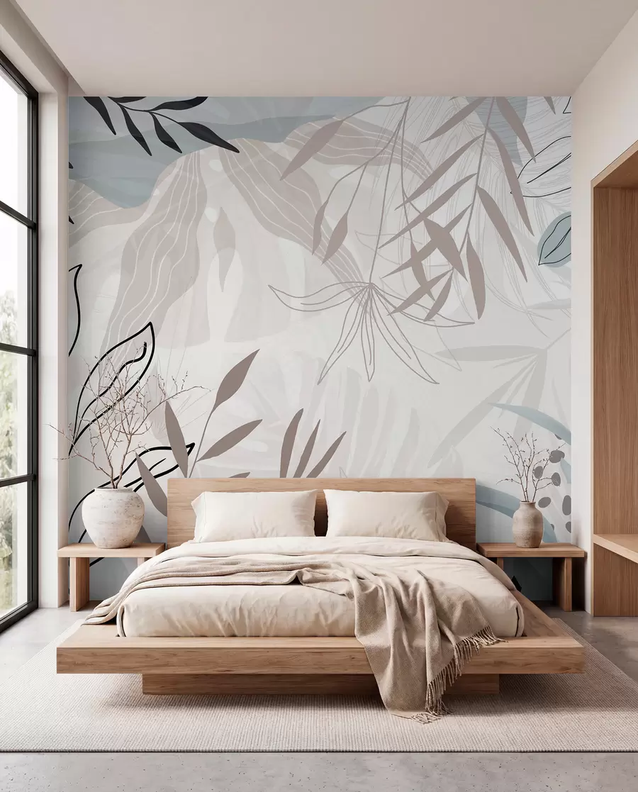 murais de parede Design moderno floral abstrato com folhas em tons pastel de bege, cinzento, azul e preto, arte de linhas delicada e fundo suave  w09105