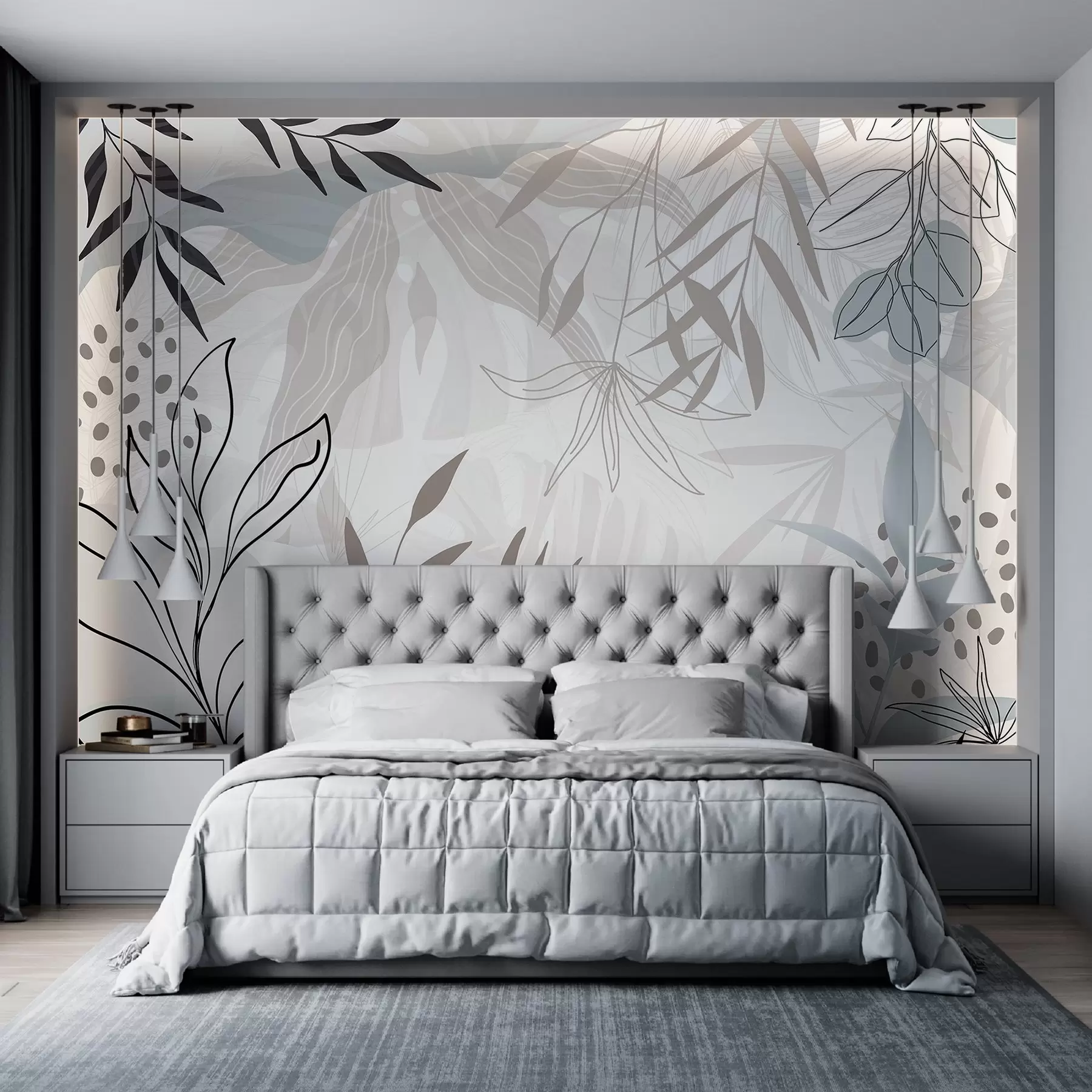 murais de parede Design moderno floral abstrato com folhas em tons pastel de bege, cinzento, azul e preto, arte de linhas delicada e fundo suave  w09105