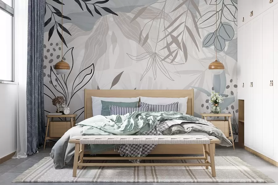 murais de parede Design moderno floral abstrato com folhas em tons pastel de bege, cinzento, azul e preto, arte de linhas delicada e fundo suave  w09105