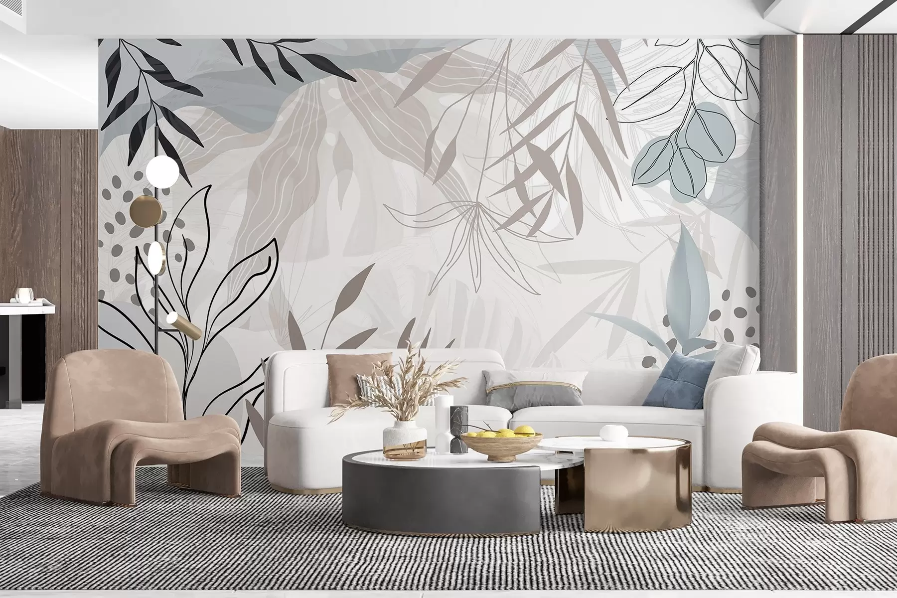 murais de parede Design moderno floral abstrato com folhas em tons pastel de bege, cinzento, azul e preto, arte de linhas delicada e fundo suave  w09105
