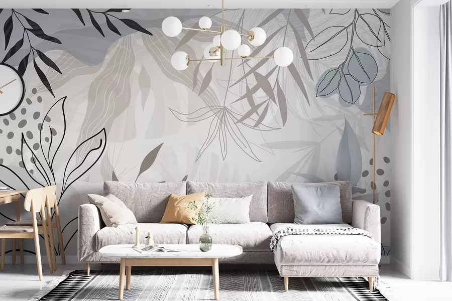 murais de parede Design moderno floral abstrato com folhas em tons pastel de bege, cinzento, azul e preto, arte de linhas delicada e fundo suave  w09105