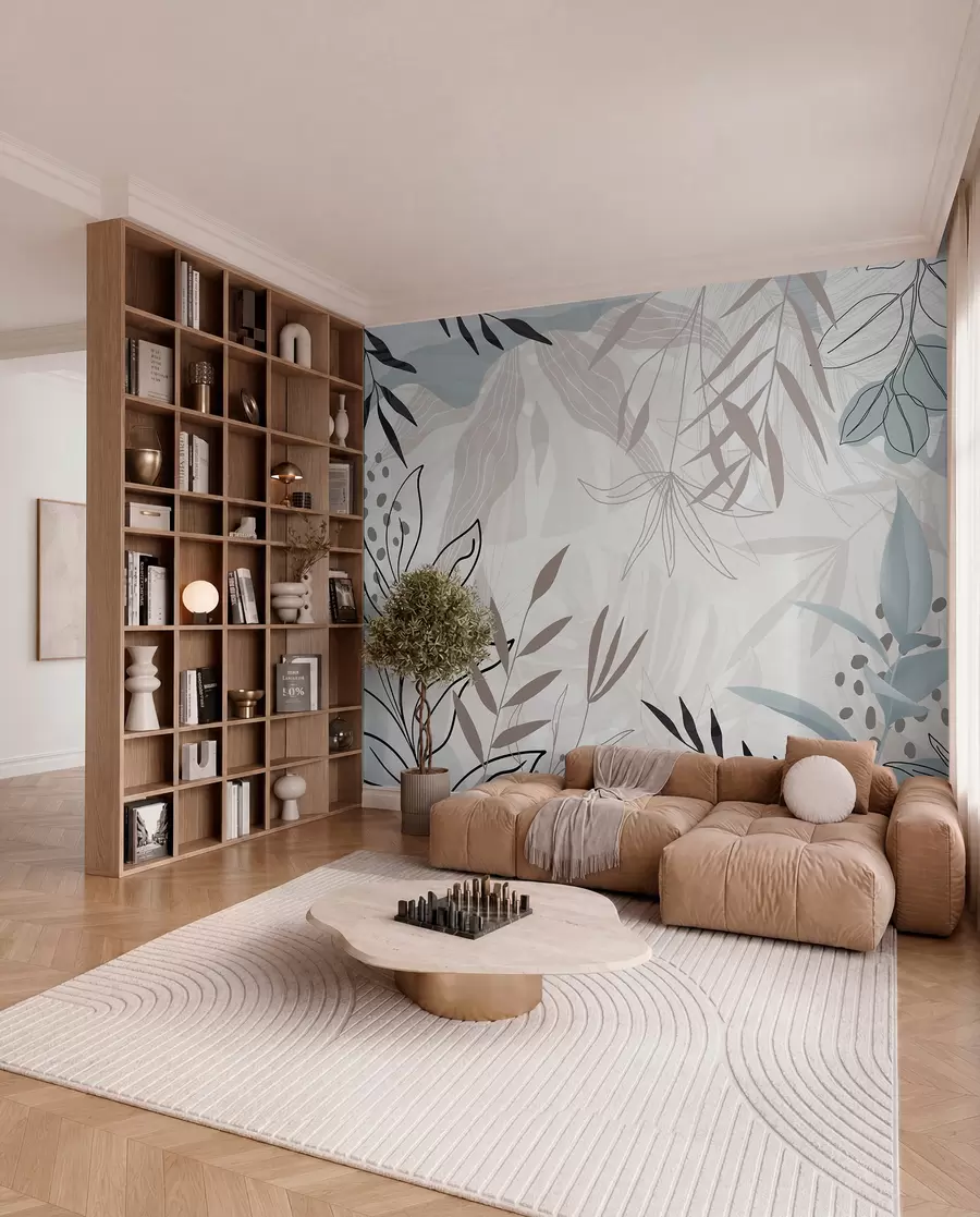 murais de parede Design moderno floral abstrato com folhas em tons pastel de bege, cinzento, azul e preto, arte de linhas delicada e fundo suave  w09105