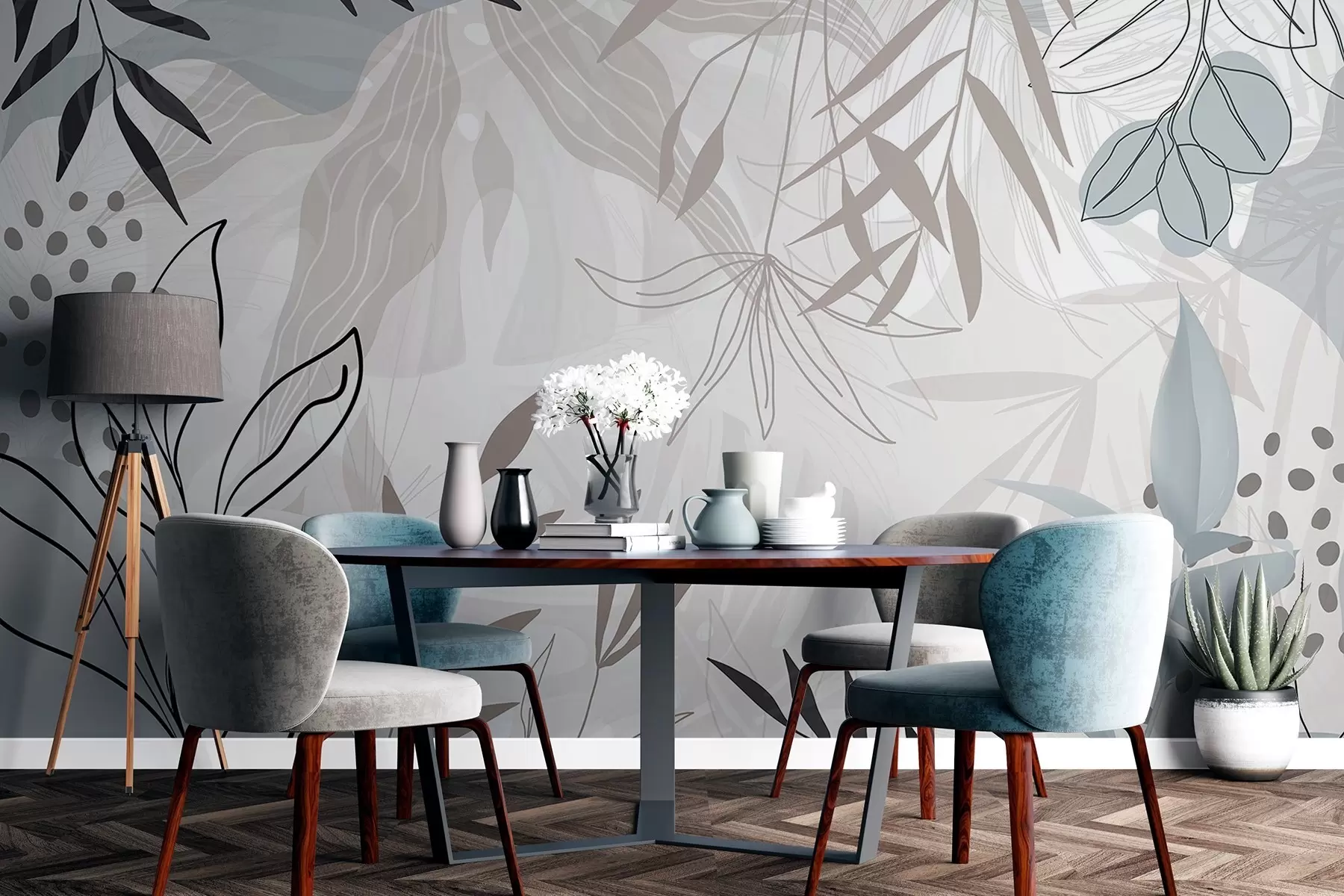 murais de parede Design moderno floral abstrato com folhas em tons pastel de bege, cinzento, azul e preto, arte de linhas delicada e fundo suave  w09105
