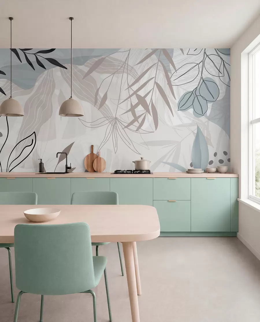 murais de parede Design moderno floral abstrato com folhas em tons pastel de bege, cinzento, azul e preto, arte de linhas delicada e fundo suave  w09105
