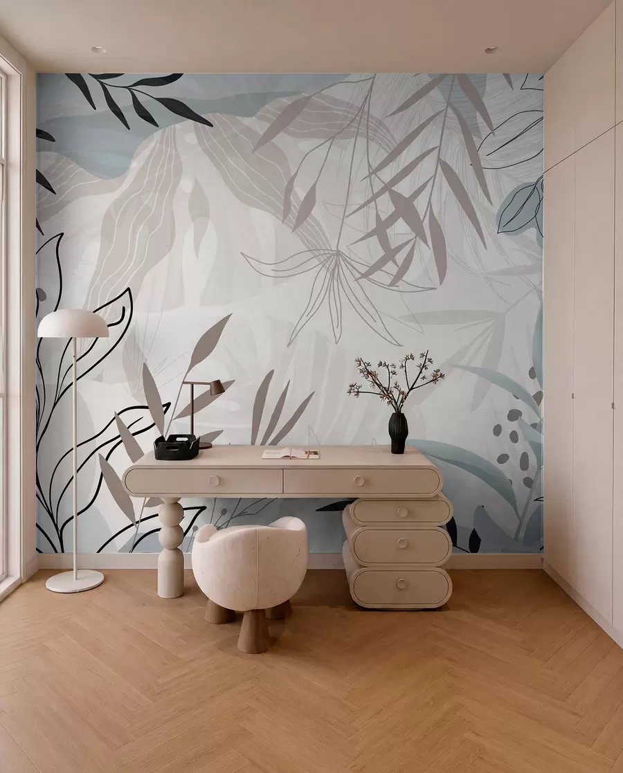 murais de parede Design moderno floral abstrato com folhas em tons pastel de bege, cinzento, azul e preto, arte de linhas delicada e fundo suave  w09105