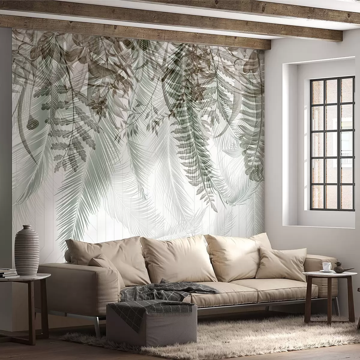 murais de parede Delicada queda de fetos tropicais e folhas de palmeira, fundo geométrico, luz suave, cores suaves, elegante w09106v1