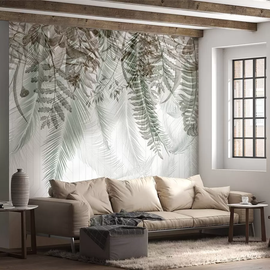 murais de parede Delicada queda de fetos tropicais e folhas de palmeira, fundo geométrico, luz suave, cores suaves, elegante w09106v1