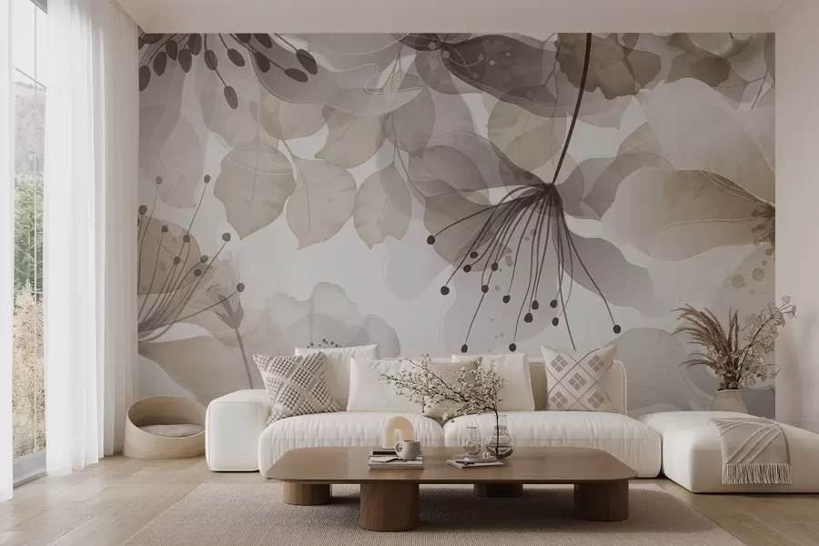 murais de parede Flores e folhas em tons de bege, pétalas e folhas translúcidas, efeito suave de aguarela, linhas delicadas, fundo branco w09107v1