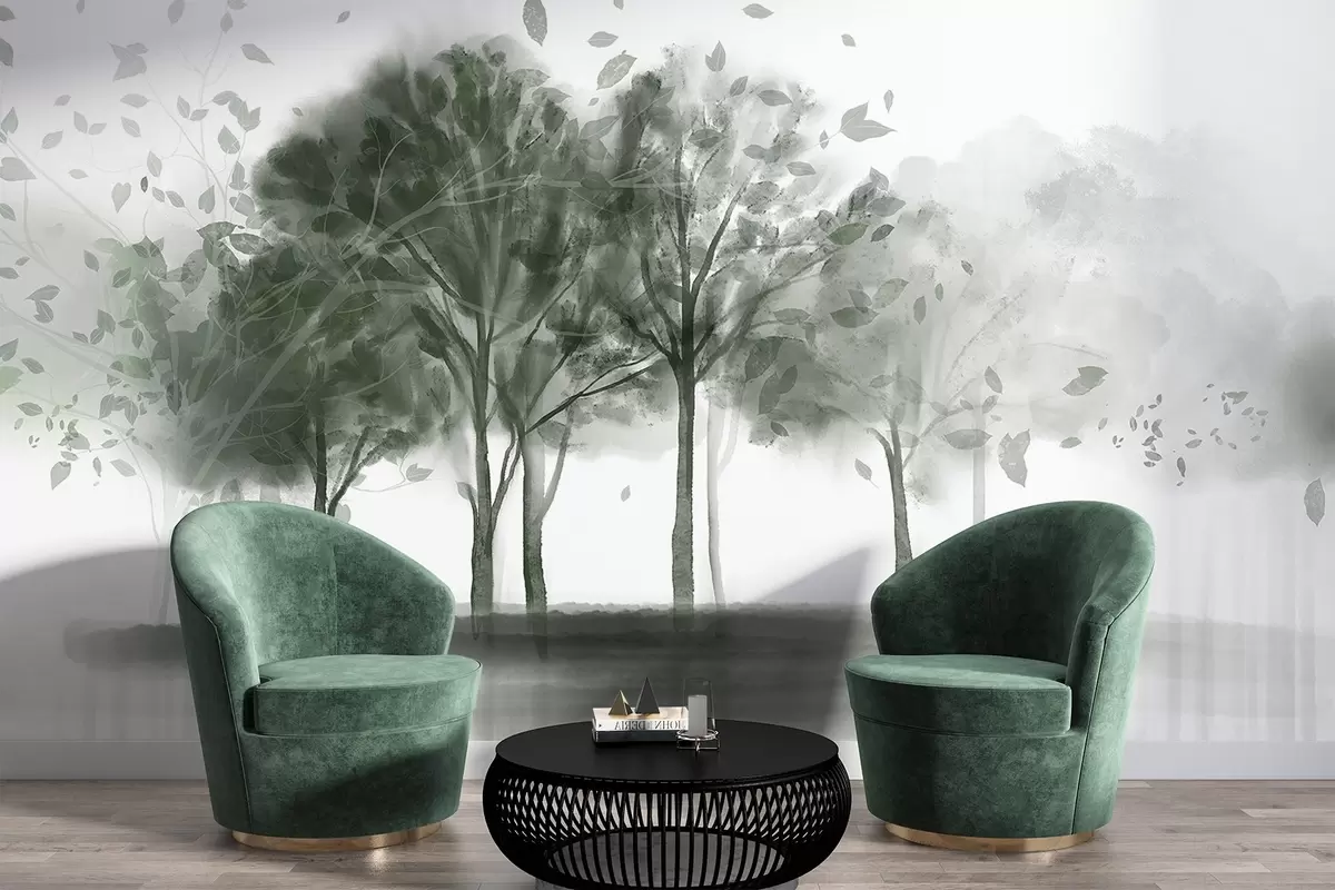 murais de parede Paisagem abstrata com árvores com folhas verdes a refletir na água, em estilo aguarela texturada w09109