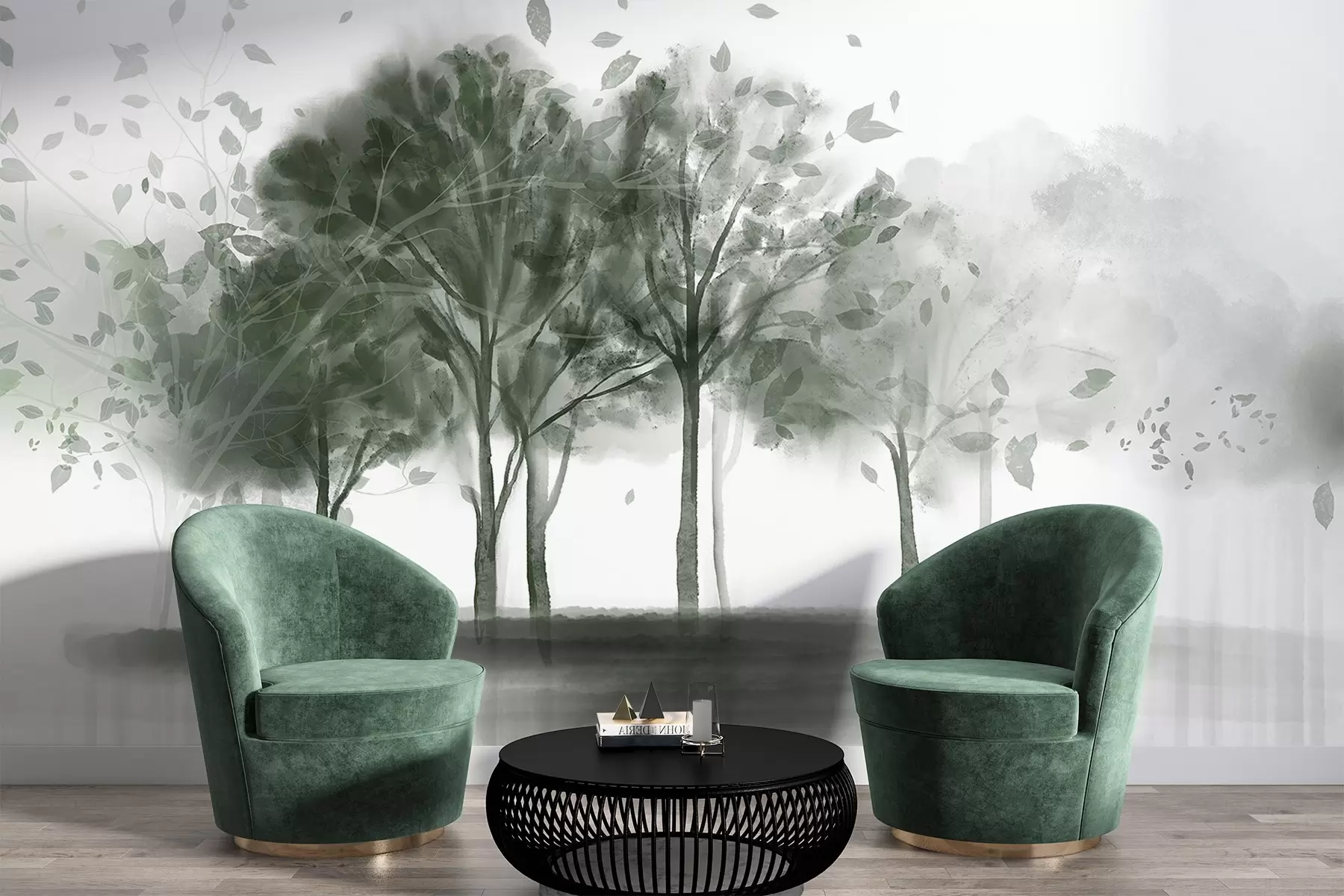 murais de parede Paisagem abstrata com árvores com folhas verdes a refletir na água, em estilo aguarela texturada w09109