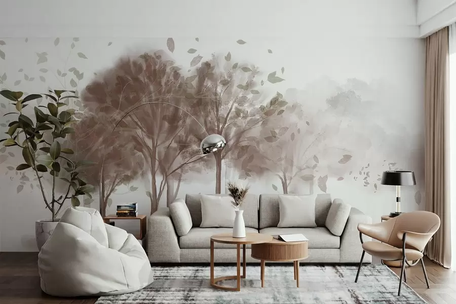 murais de parede Paisagem abstrata com árvores com folhas castanhas a refletir na água, em estilo aguarela texturada w09109v1