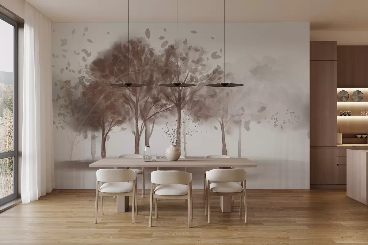 murais de parede Paisagem abstrata com árvores com folhas castanhas a refletir na água, em estilo aguarela texturada w09109v1