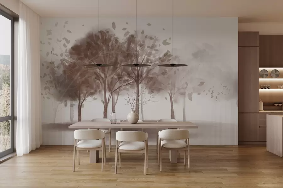 murais de parede Paisagem abstrata com árvores com folhas castanhas a refletir na água, em estilo aguarela texturada w09109v1