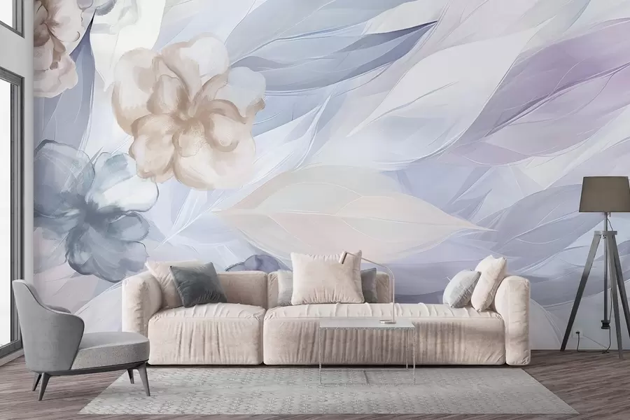 murais de parede Flores e folhas delicadas em tons de branco, azul, roxo e bege, fundo floral, cores suaves, pétalas delicadas w09111