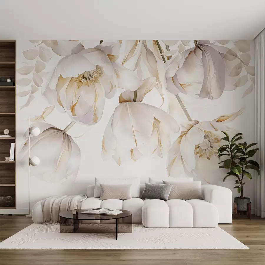 murais de parede Tulipas brancas com pistilos amarelos, pétalas delicadas, arranjo floral elegante, composição delicada, sobre um fundo branco w09112