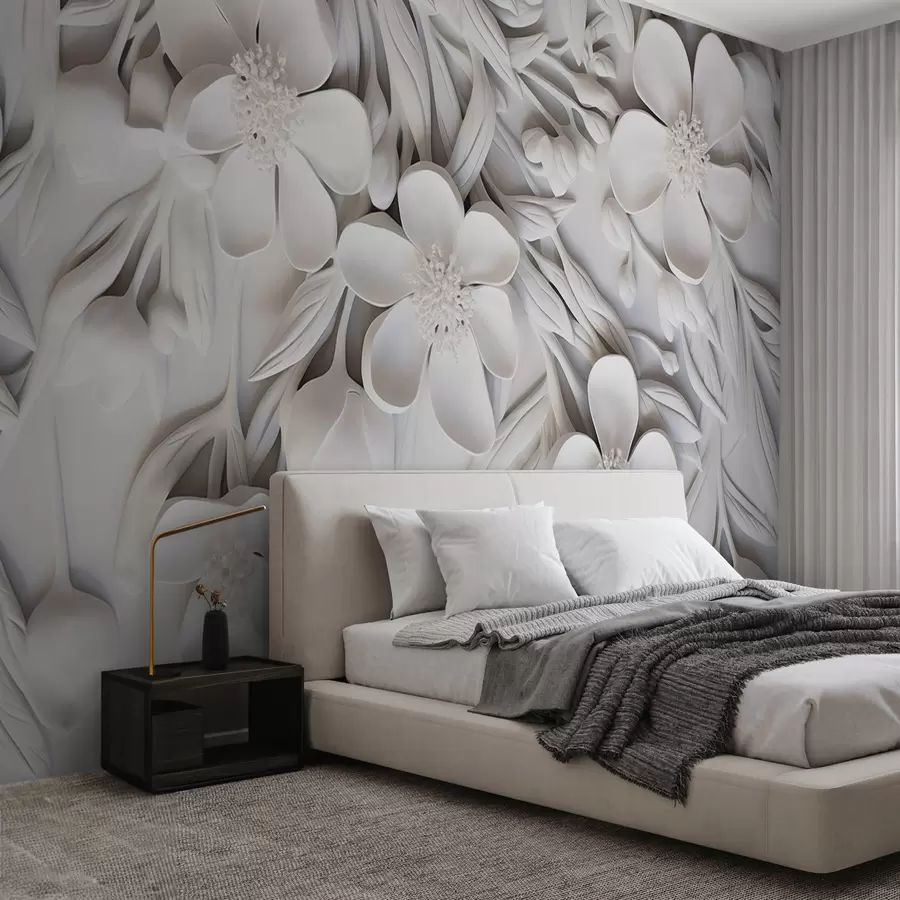 murais de parede Flores brancas e folhas num fundo branco, floral elegante, design decorativo, detalhes intrincados w09113