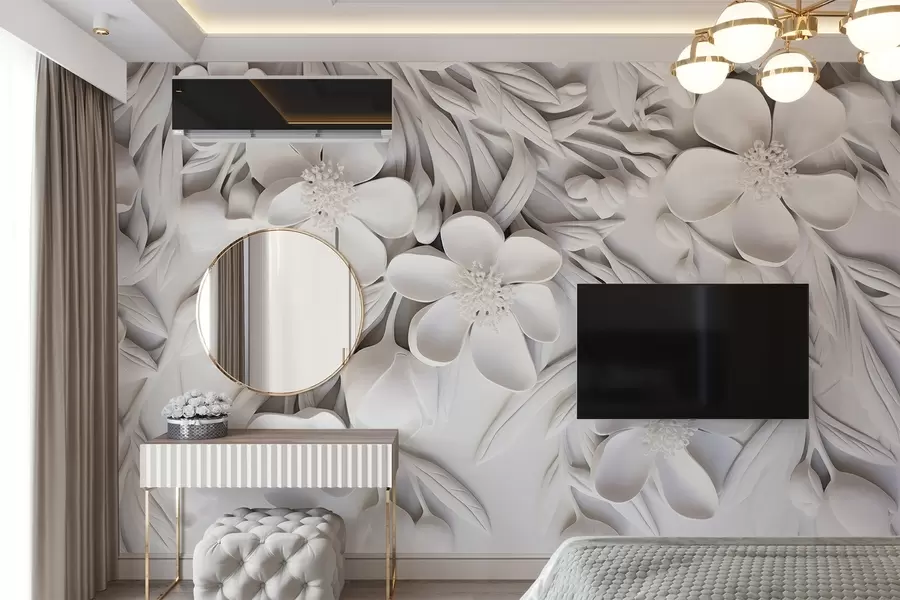 murais de parede Flores brancas e folhas num fundo branco, floral elegante, design decorativo, detalhes intrincados w09113