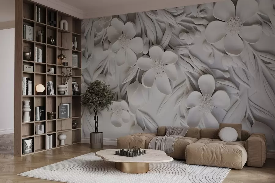 murais de parede Flores brancas e folhas num fundo branco, floral elegante, design decorativo, detalhes intrincados w09113