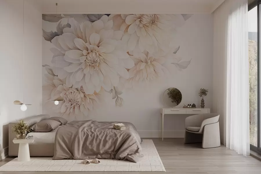 murais de parede Dálias em tons pastel com pétalas suaves e delicadas em tons de pêssego e branco, em estilo aguarela, fundo suave w09115