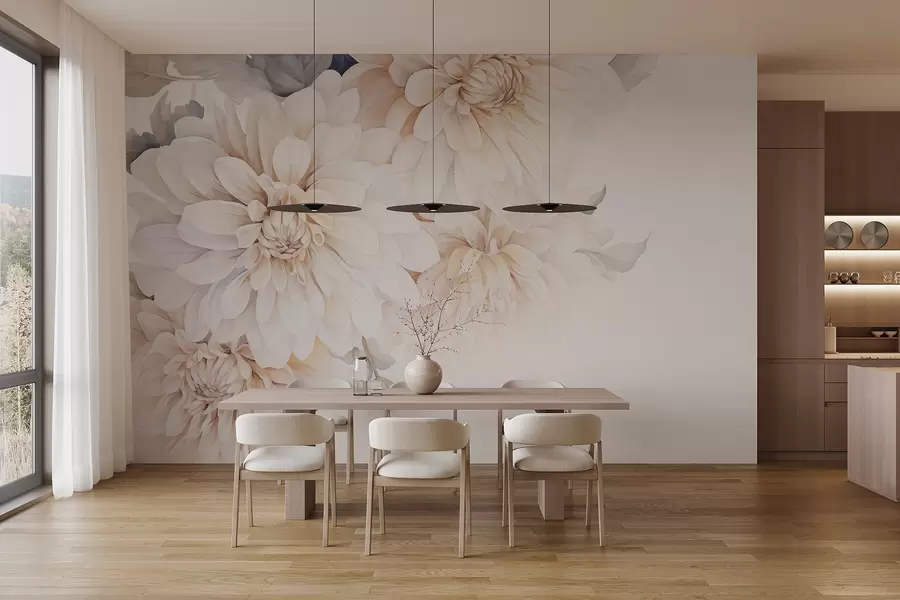 murais de parede Dálias em tons pastel com pétalas suaves e delicadas em tons de pêssego e branco, em estilo aguarela, fundo suave w09115