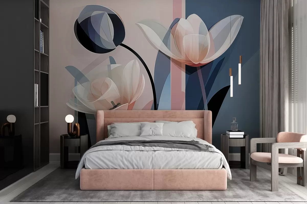 murais de parede Desenho moderno abstrato com tulipas com pétalas transparentes em tons pastel de rosa, branco e azul escuro w09116
