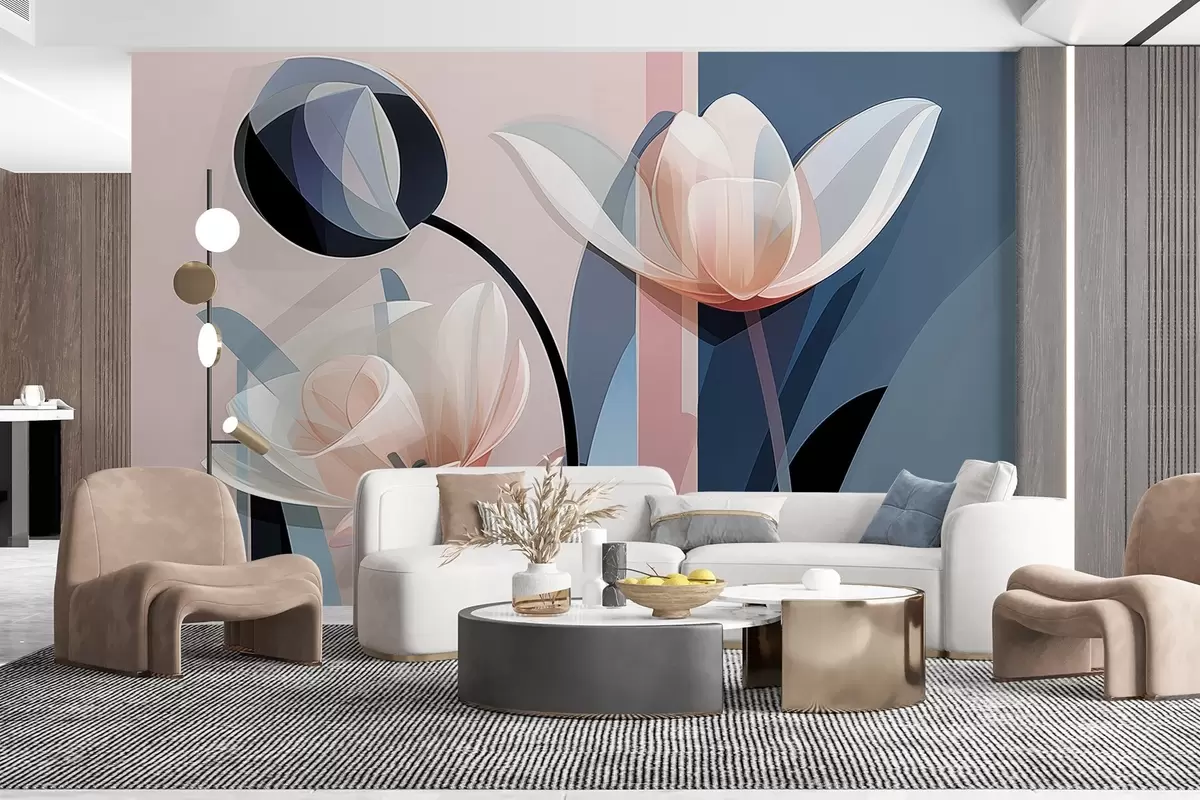 murais de parede Desenho moderno abstrato com tulipas com pétalas transparentes em tons pastel de rosa, branco e azul escuro w09116