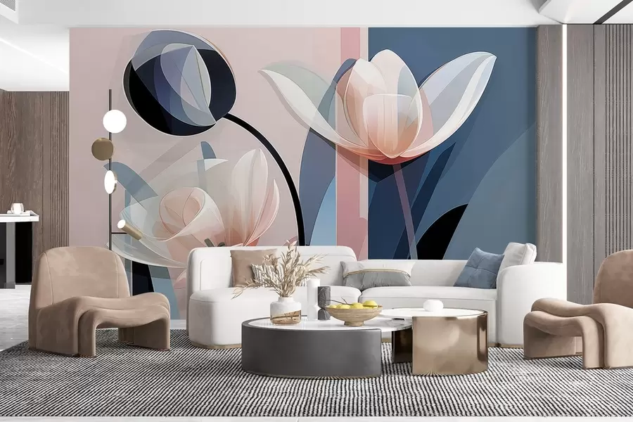 murais de parede Desenho moderno abstrato com tulipas com pétalas transparentes em tons pastel de rosa, branco e azul escuro w09116