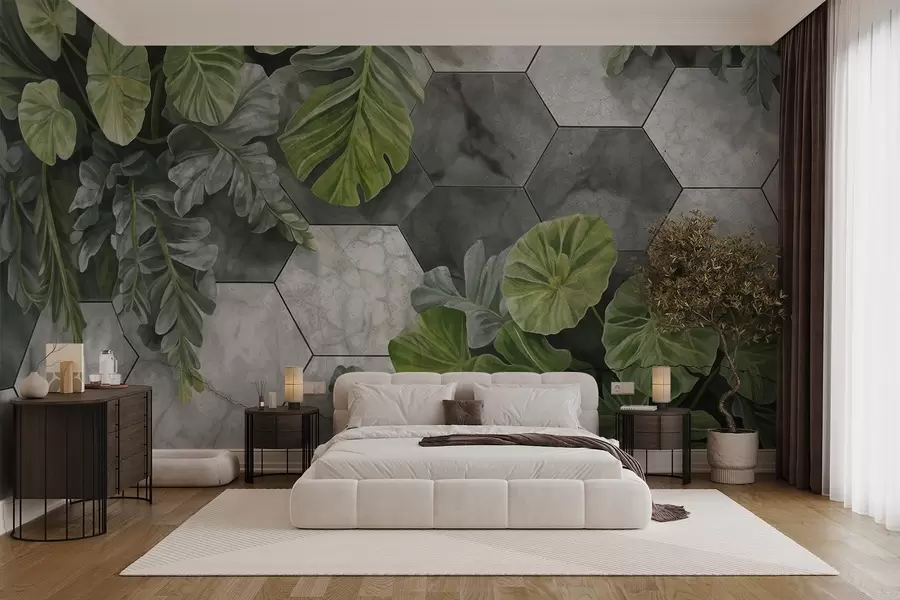 murais de parede Folhas e plantas tropicais verdes sobre um fundo de azulejos cinzentos e brancos texturados, design moderno de folhagem exuberante  w09117