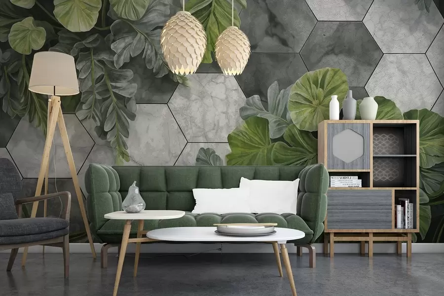 murais de parede Folhas e plantas tropicais verdes sobre um fundo de azulejos cinzentos e brancos texturados, design moderno de folhagem exuberante  w09117