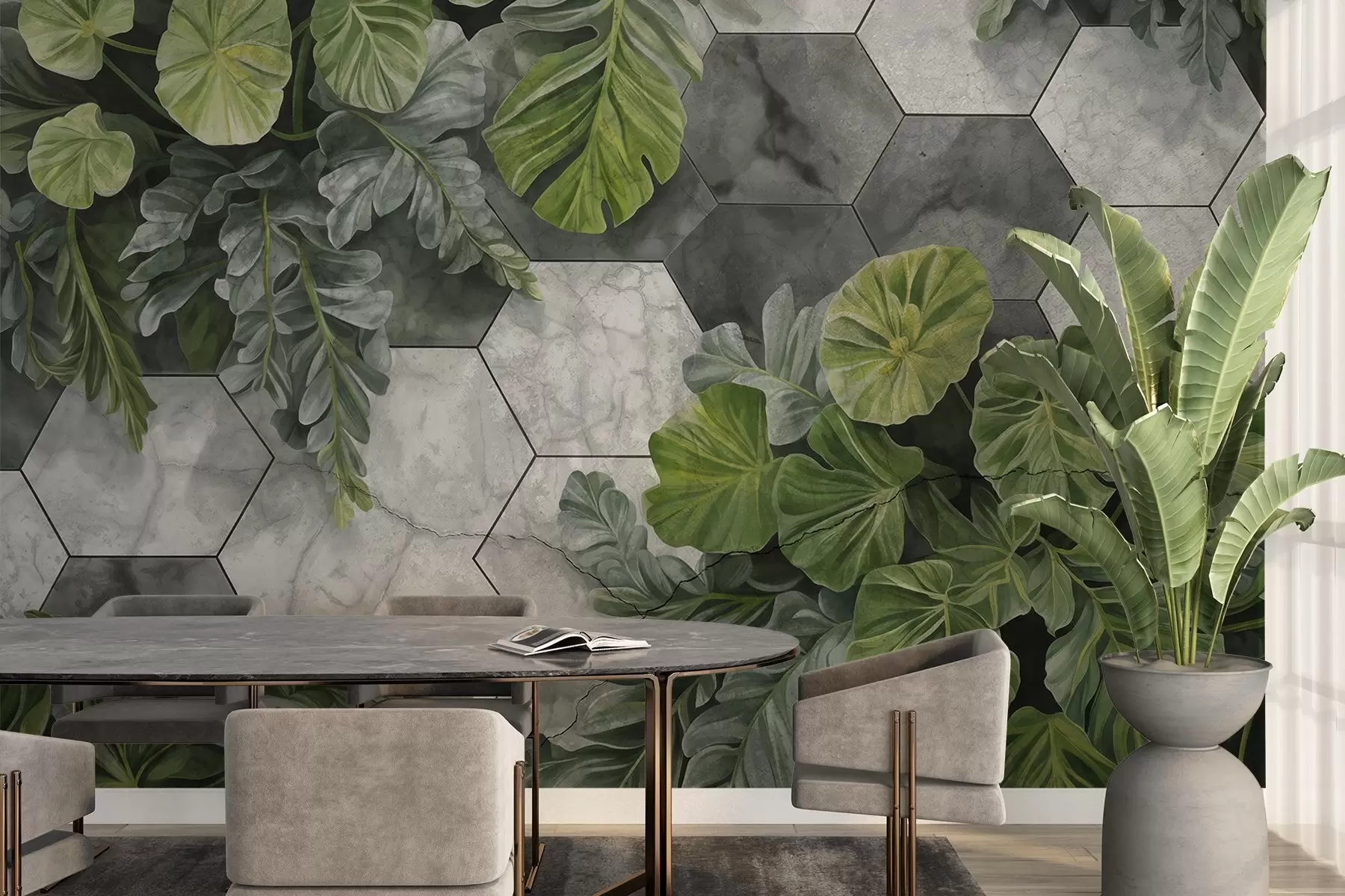 murais de parede Folhas e plantas tropicais verdes sobre um fundo de azulejos cinzentos e brancos texturados, design moderno de folhagem exuberante  w09117