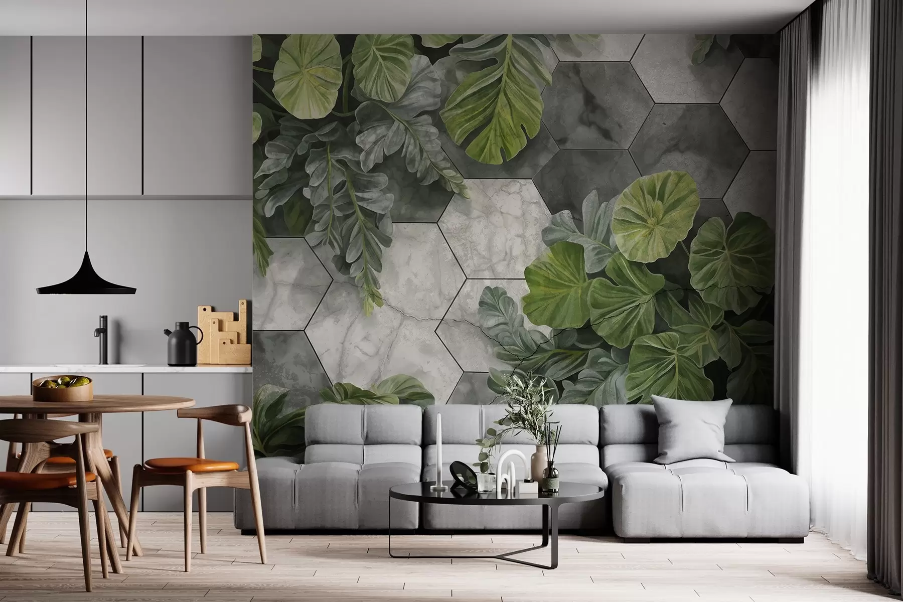 murais de parede Folhas e plantas tropicais verdes sobre um fundo de azulejos cinzentos e brancos texturados, design moderno de folhagem exuberante  w09117