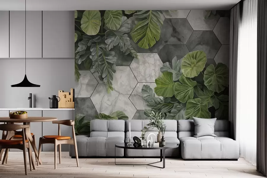 murais de parede Folhas e plantas tropicais verdes sobre um fundo de azulejos cinzentos e brancos texturados, design moderno de folhagem exuberante  w09117